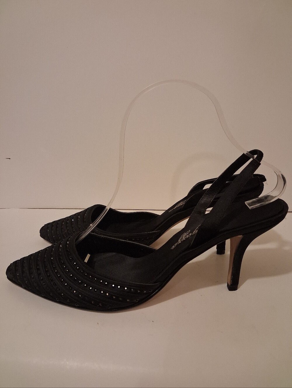 Ragazza Black Satin Crystal Pointed Toe Slingbacks Sz 7.5B